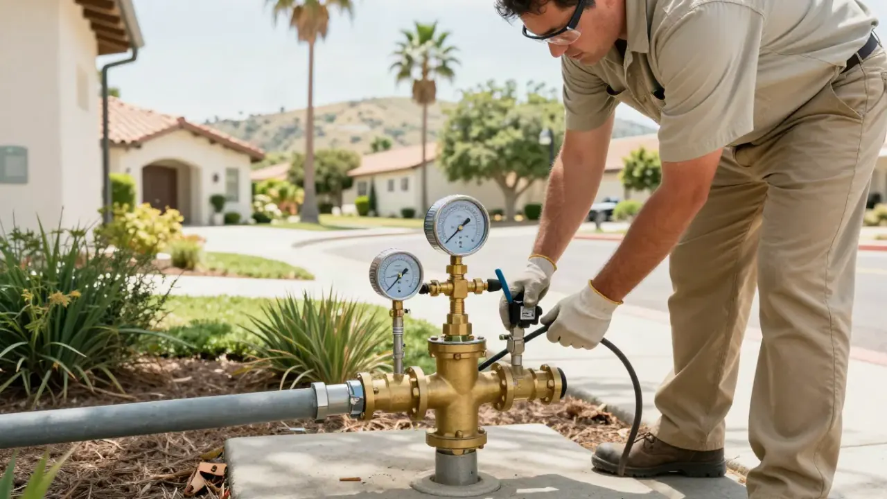 Annual Backflow Assembly Testing in Yorba Linda, California: certified backflow technician connects a pressure differential