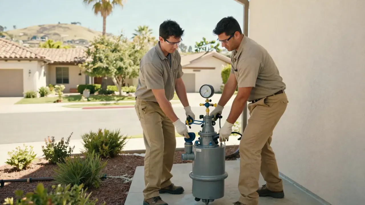 Backflow Testing in Yorba Linda, California: Two certified backflow technicians collaboratively lifting a heavy