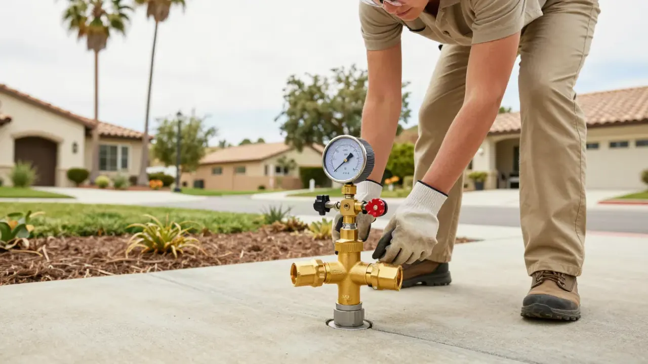 Backflow Testing in Yorba Linda, California: close-up of a brand-new, shiny brass Reduced Pressure (RP) backflow assembly