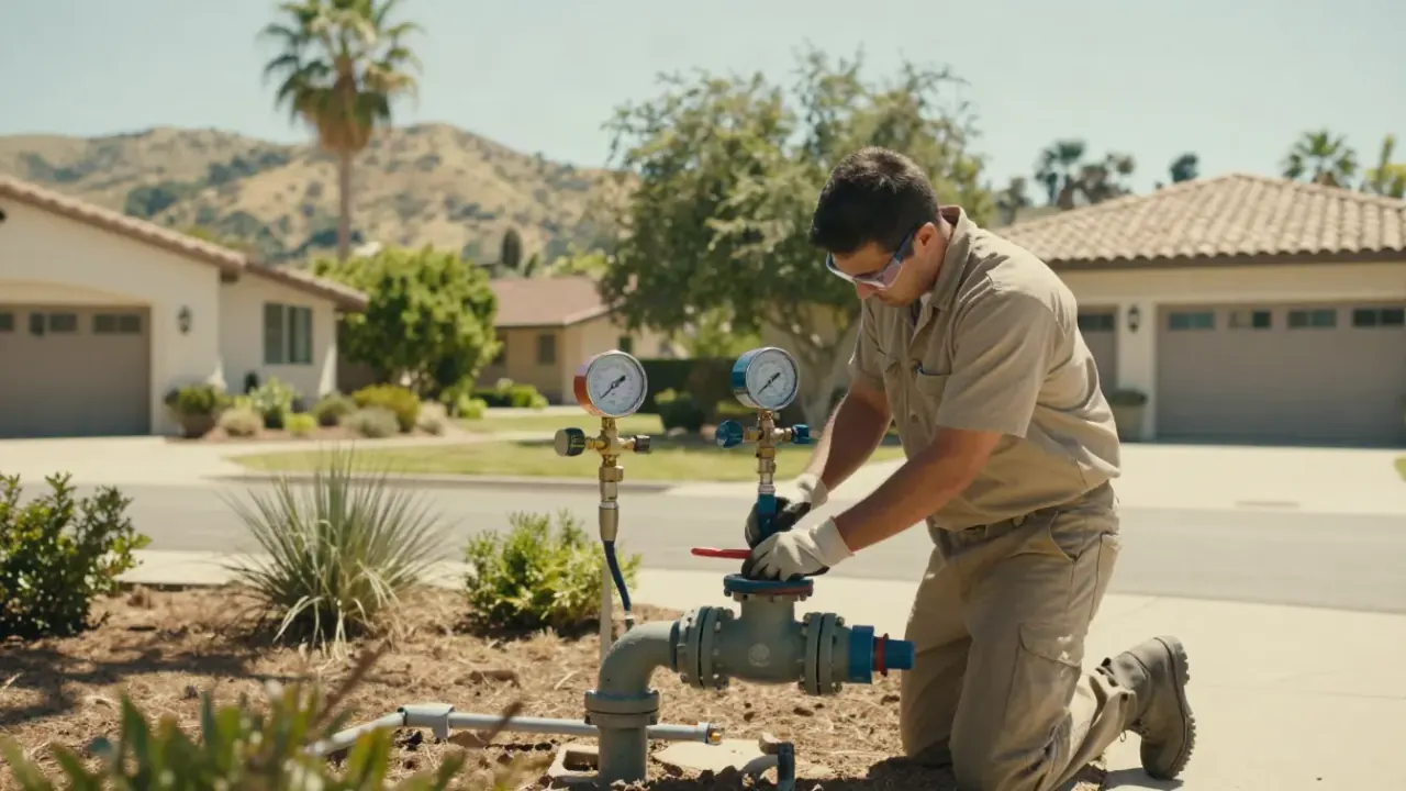 Fire Sprinkler Backflow Testing in Yorba Linda, California: certified backflow technician operating the isolation valves on
